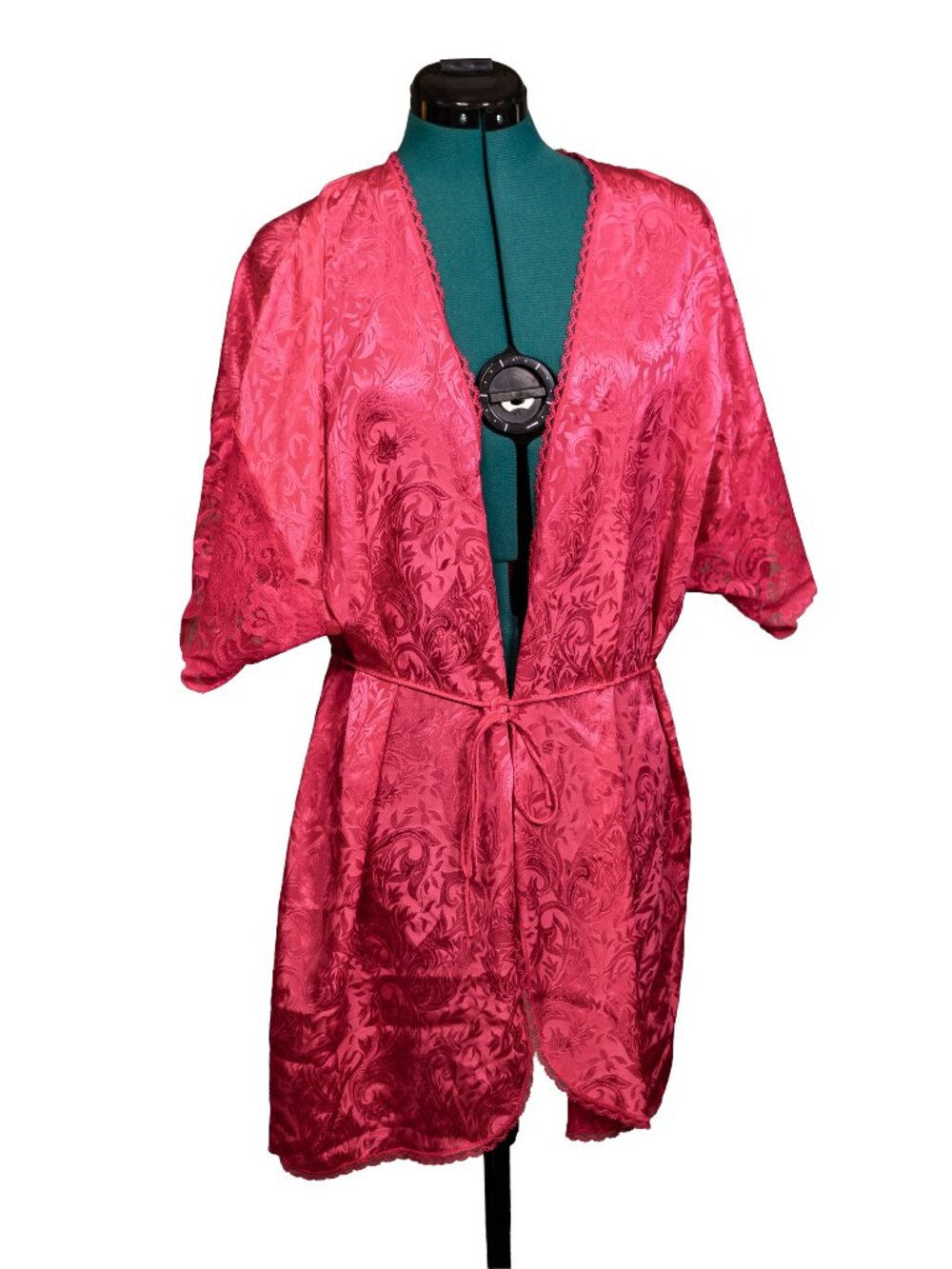 Vintage Lucie Ann II Hot Pink Floral Satin Robe - Short Style - Size Large
